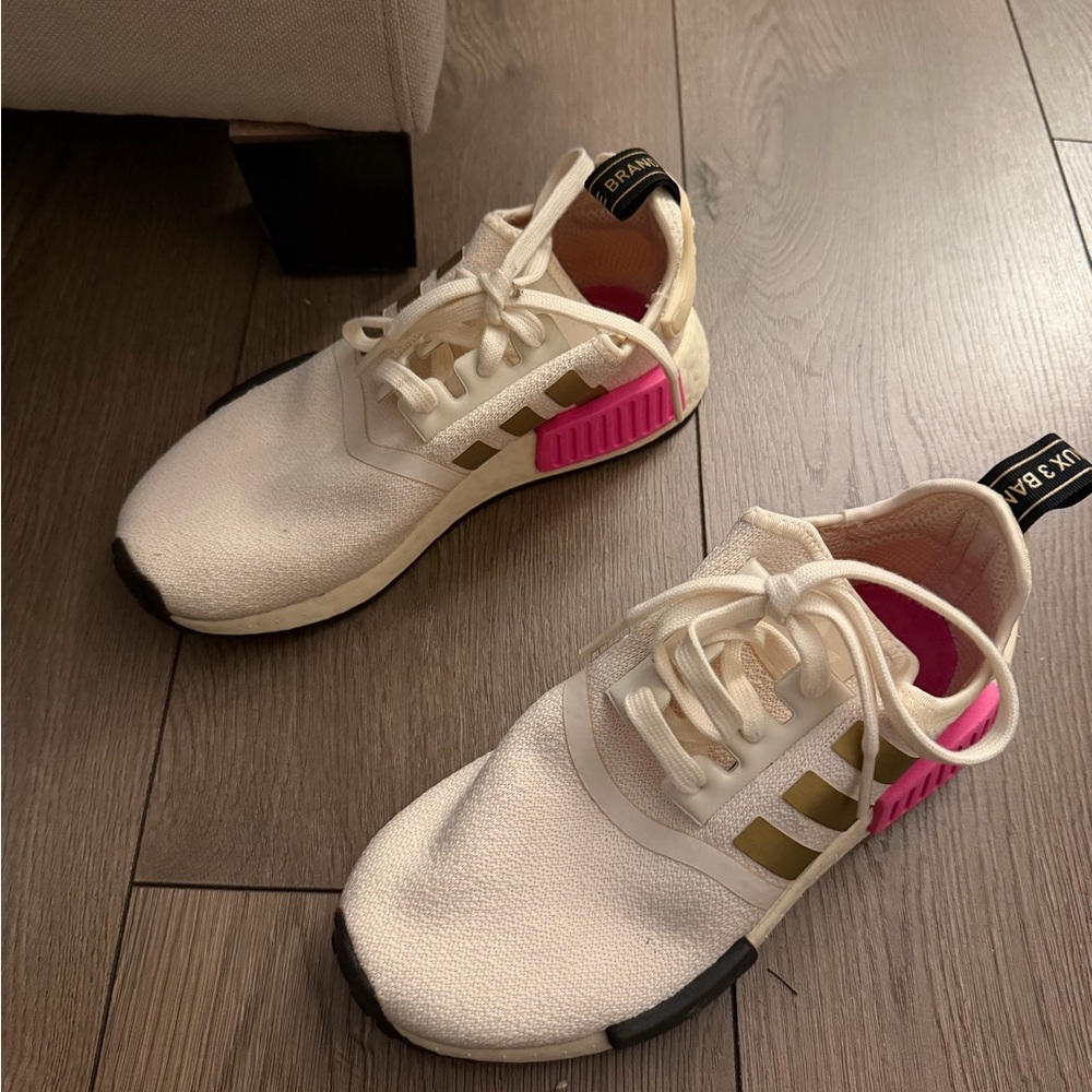 Adidas Cream Sneakers with Pink and Gold Highlights